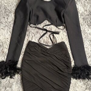 Chic Black Two-Piece Set with Feather Cuffs